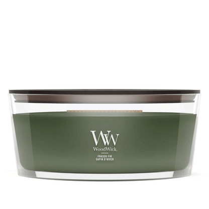 WoodWick Rose Blush ellipse candle in a clear glass jar with a wooden lid.