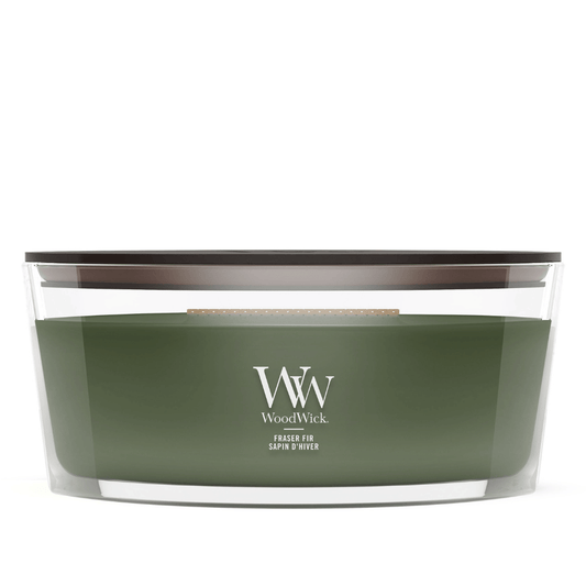 WoodWick Rose Blush ellipse candle in a clear glass jar with a wooden lid.
