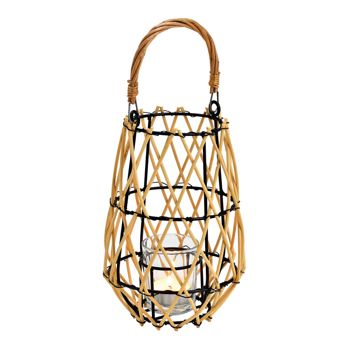 A bamboo lantern with a glass holder, featuring a black metal frame and a brown bamboo body with a black lid.