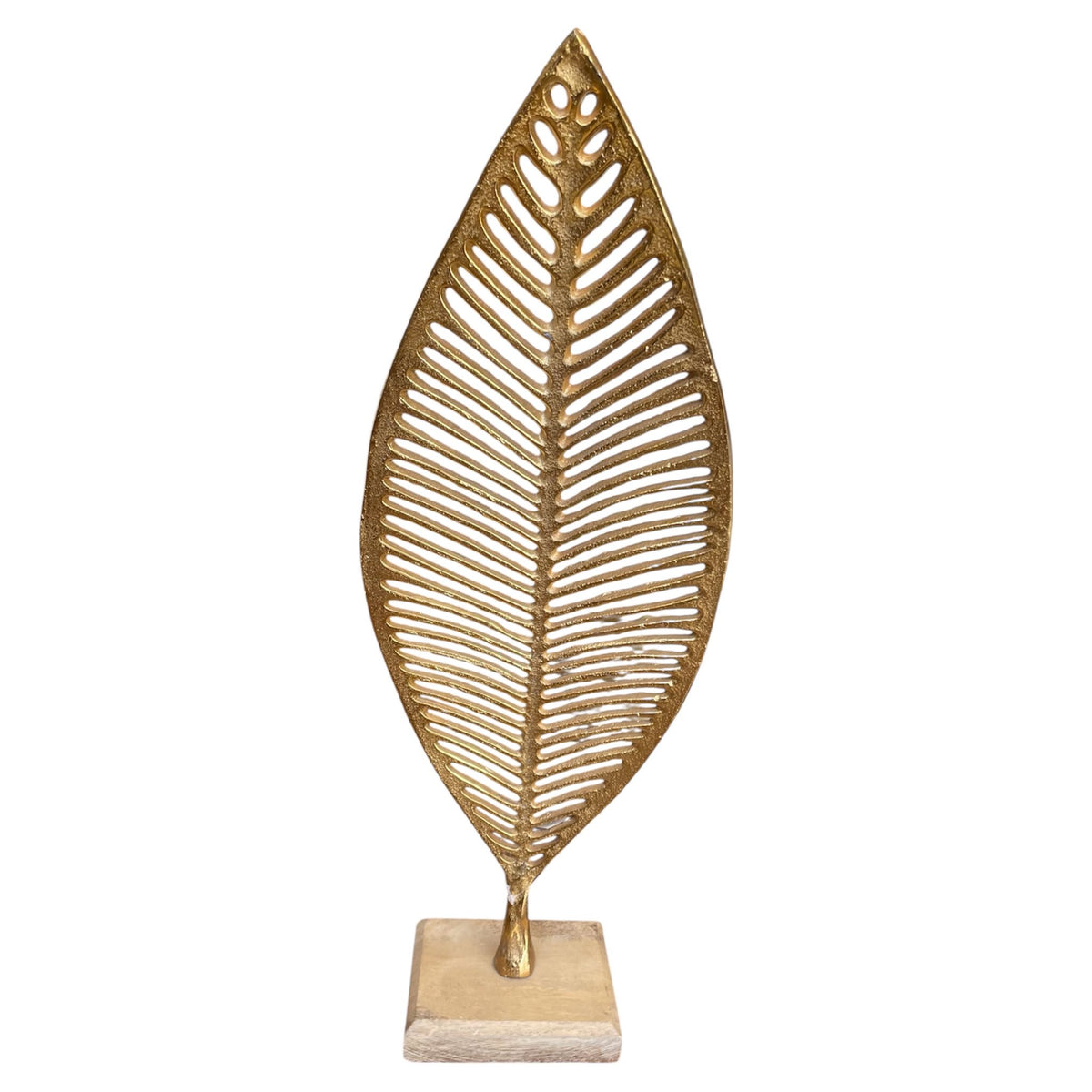 Decorative leaf sculpture with a gold finish on a white background