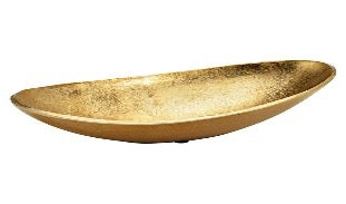 A gold metal decorative bowl with a reflective surface.