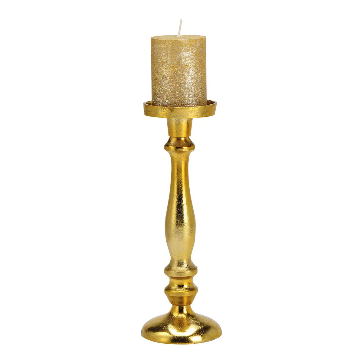 A gold metal candle holder with a textured surface and a cylindrical shape, featuring a candle resting on top.
