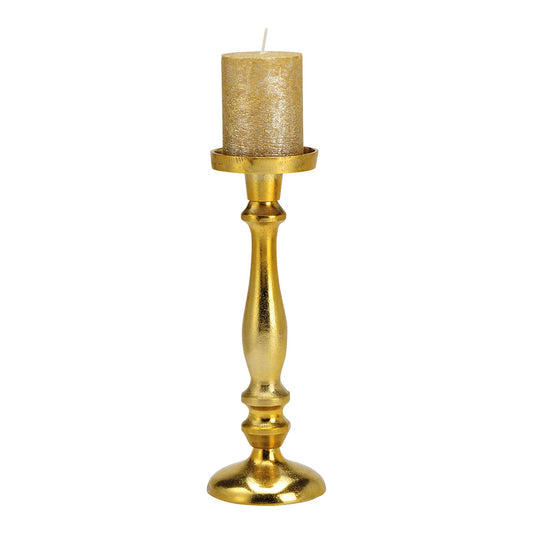 A gold metal candle holder with a textured surface and a cylindrical shape, featuring a candle resting on top.
