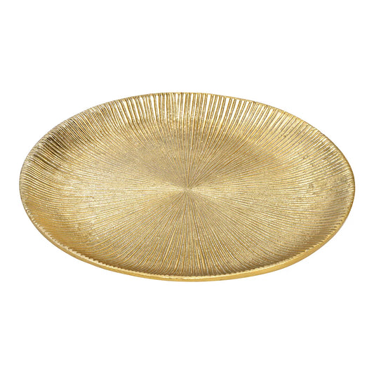 Gold Metal Plate with a sunburst pattern of fine ridges, ideal as a decorative centerpiece or accent on tables or shelves.