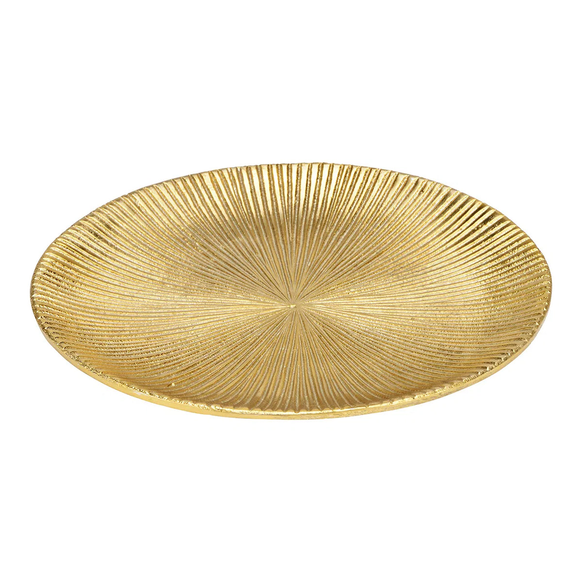 Gold Metal Plate with a sunburst-style ribbed texture, shallow and round, showcasing a sculptural, ornamental design in a gold-tone finish.