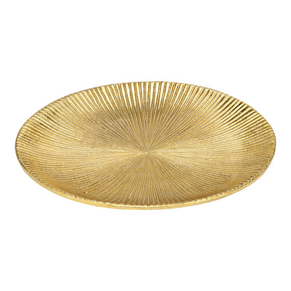 Gold Metal Plate with a sunburst-style ribbed texture, shallow and round, showcasing a sculptural, ornamental design in a gold-tone finish.