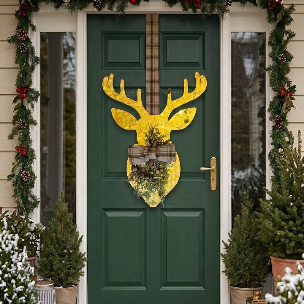 Handmade gold metallic double-sided deer hanger for Christmas front door decor, designed by Inas.