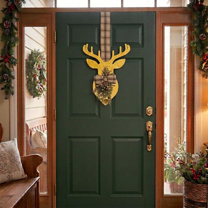 Handmade goldmetallic double-sided deer hanger for Christmas front door decor, designed by Inas.