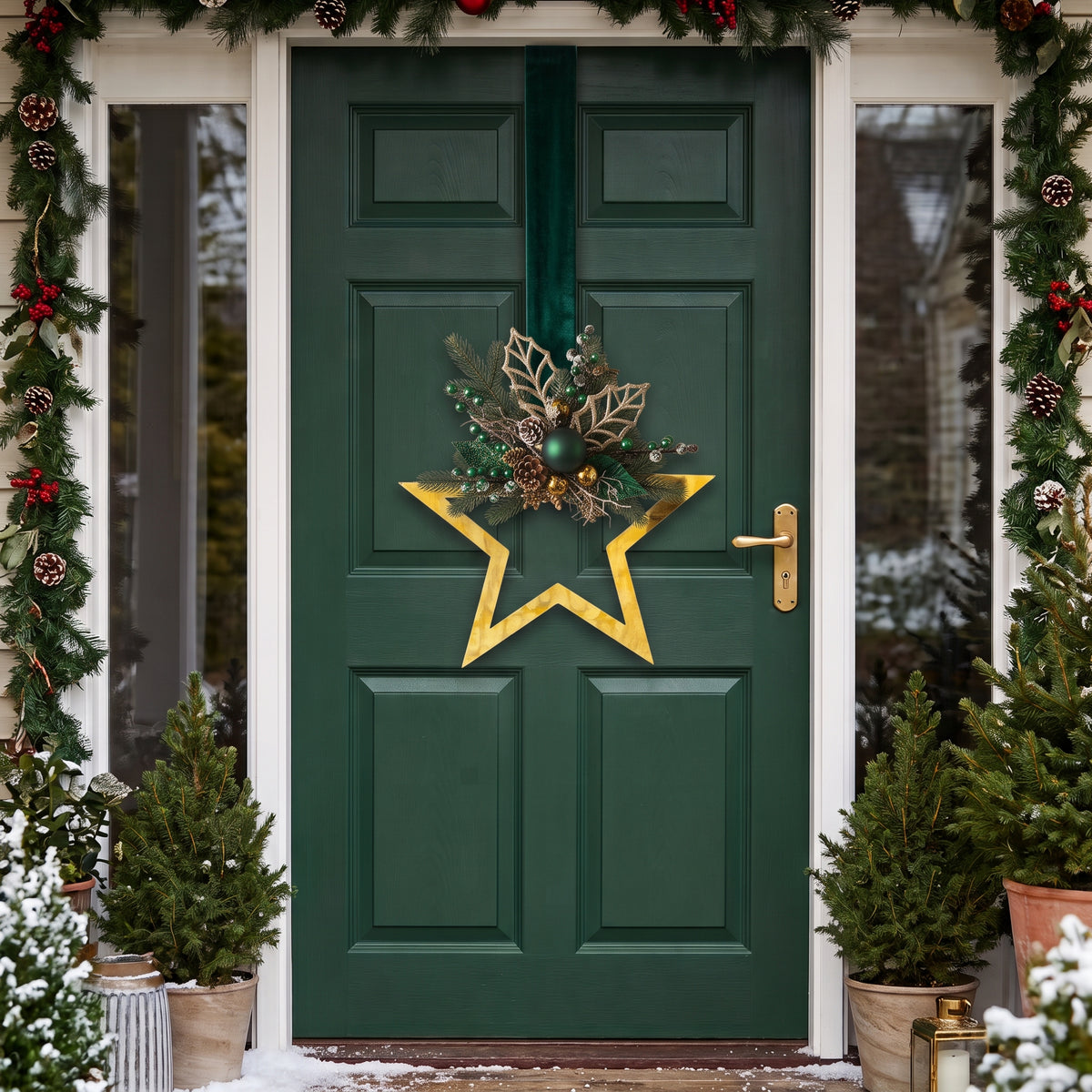 Handmade gold metallic double-sided star hanger for Christmas front door decor, designed by Inas.