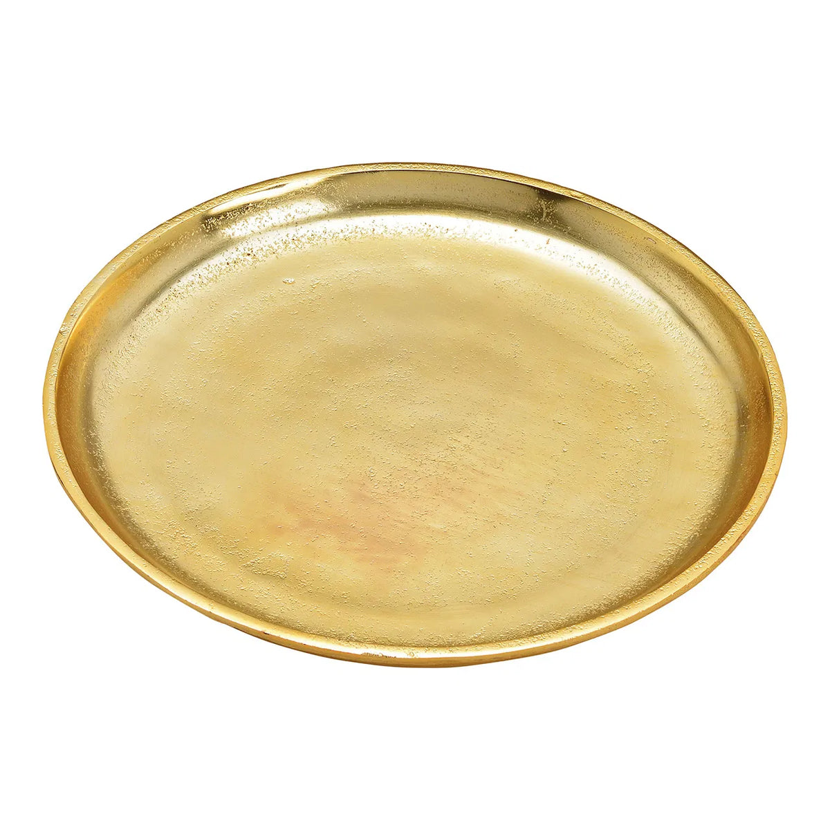 A gold round metal plate with a reflective surface.