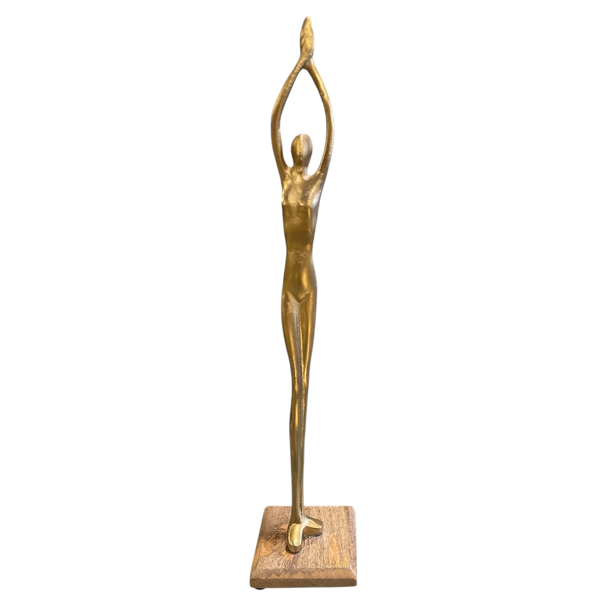 Gold metal human stand figure posed on wooden base