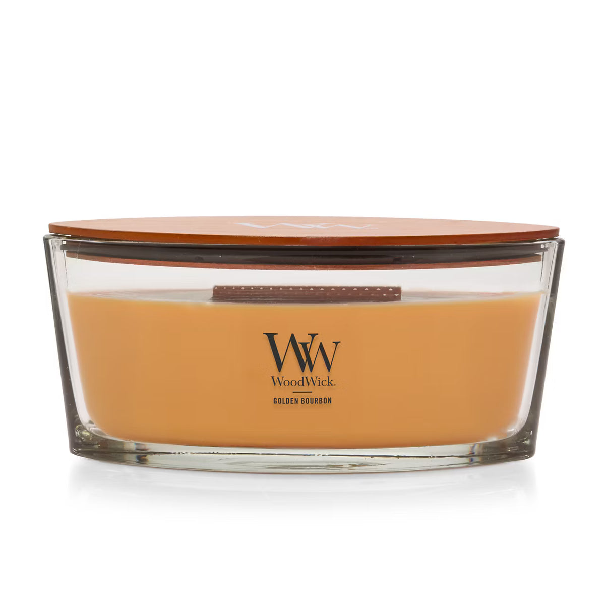 WoodWick Golden Bourbon candle in a clear glass jar with a wooden lid.