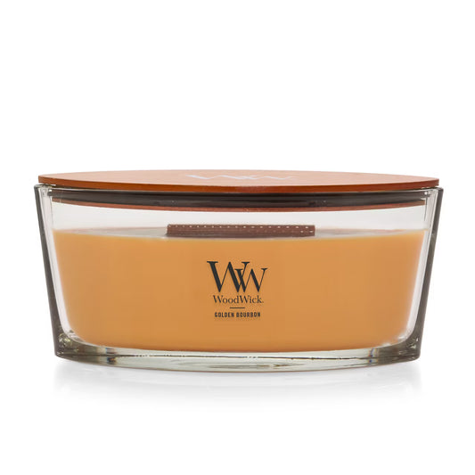 WoodWick Golden Bourbon candle in a clear glass jar with a wooden lid.