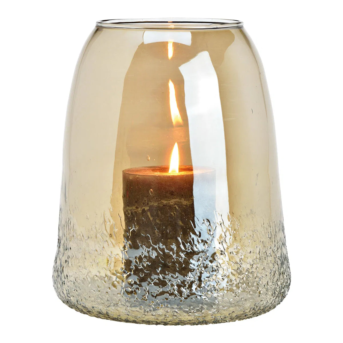 A beige glass candle holder with a frosted pattern, containing a candle, with a clear glass top.