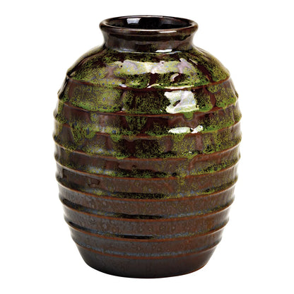 Glossy green and brown ceramic vase featuring a textured, ribbed body with a dark brown rim against a plain white background.