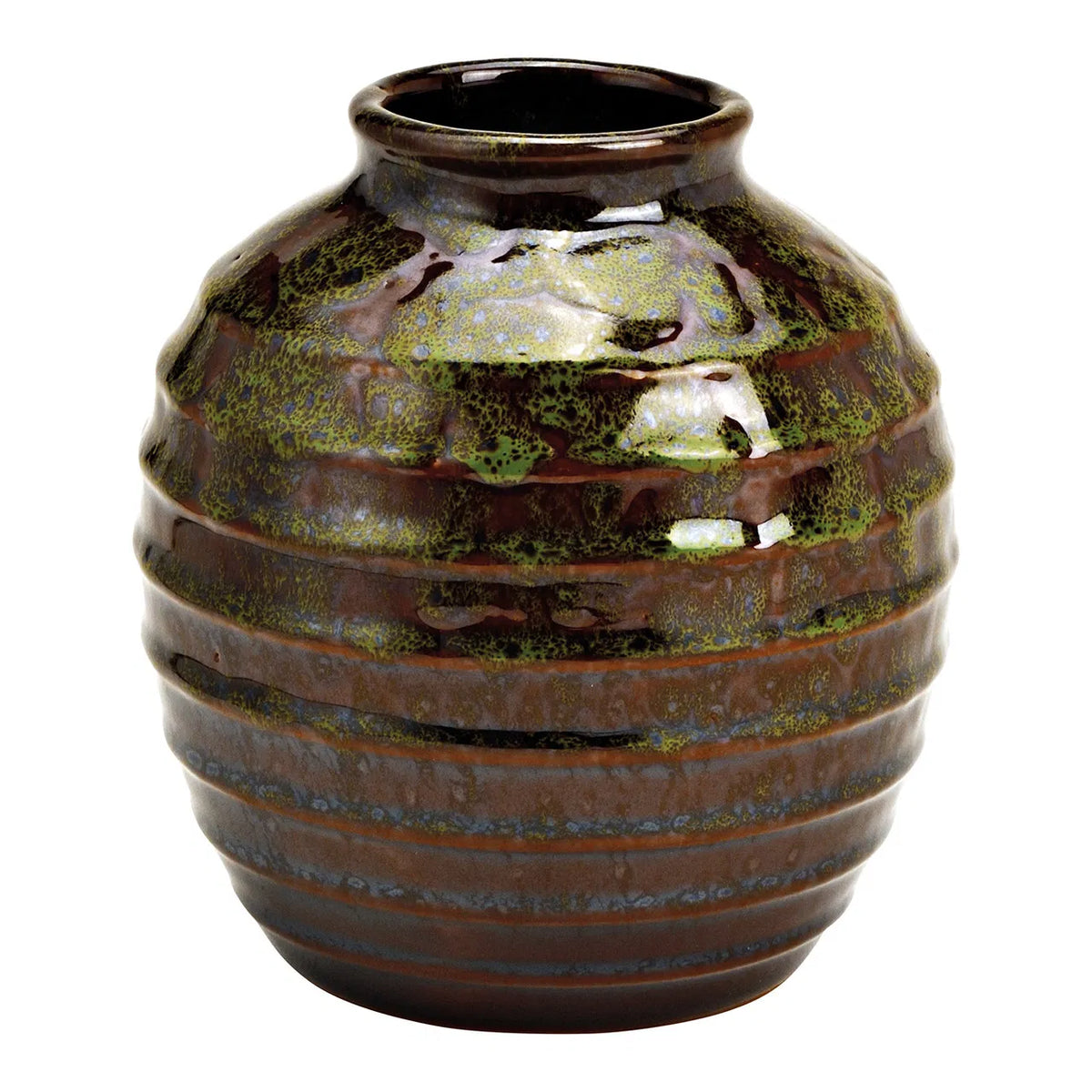 Glossy green and brown ceramic vase featuring a textured, ribbed body with a dark brown rim against a plain white background.