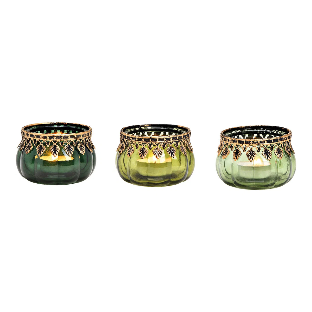Three green glass candle holders with metal decorations, displayed side by side against a white background.