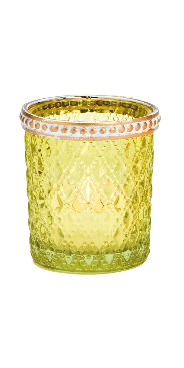Green glass vintage candle vessel with hobnail beaded texture, geometric patterns, and a bronze rim.