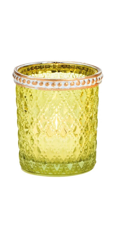 Green glass vintage candle vessel with hobnail beaded texture, geometric patterns, and a bronze rim.