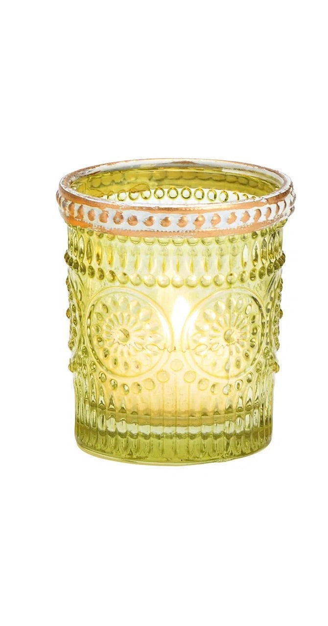 Green glass vintage candle vessel with hobnail beaded texture, geometric patterns, and a bronze rim.