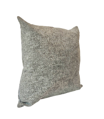 A square-shaped throw pillow with a textured pattern,  in a grey color.