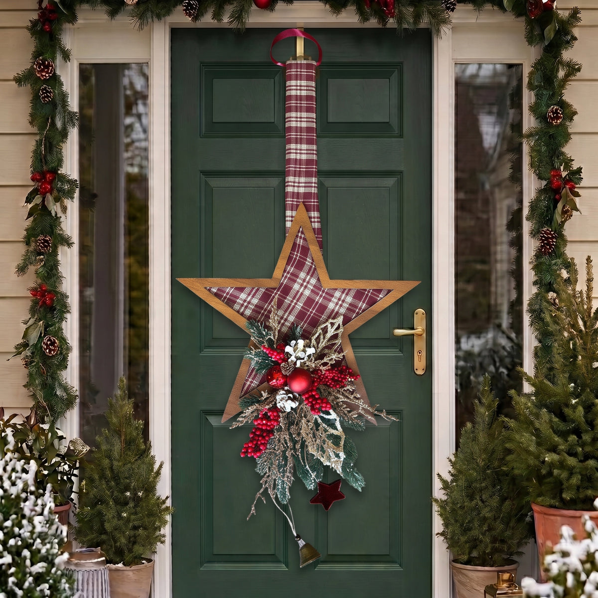 Handcrafted red plaid one-sided star holiday door hanger accented with frosted pine branches, pinecones, berries, and a festive red bow, hanging on a dark green front door.