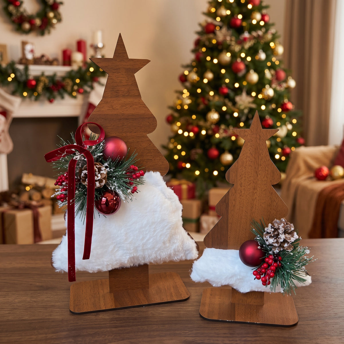Handmade wooden star Christmas tree set against Christmas background