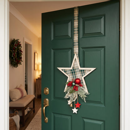 Handmade green plaid double-sided star hanger for Christmas front door decor, designed by Inas.