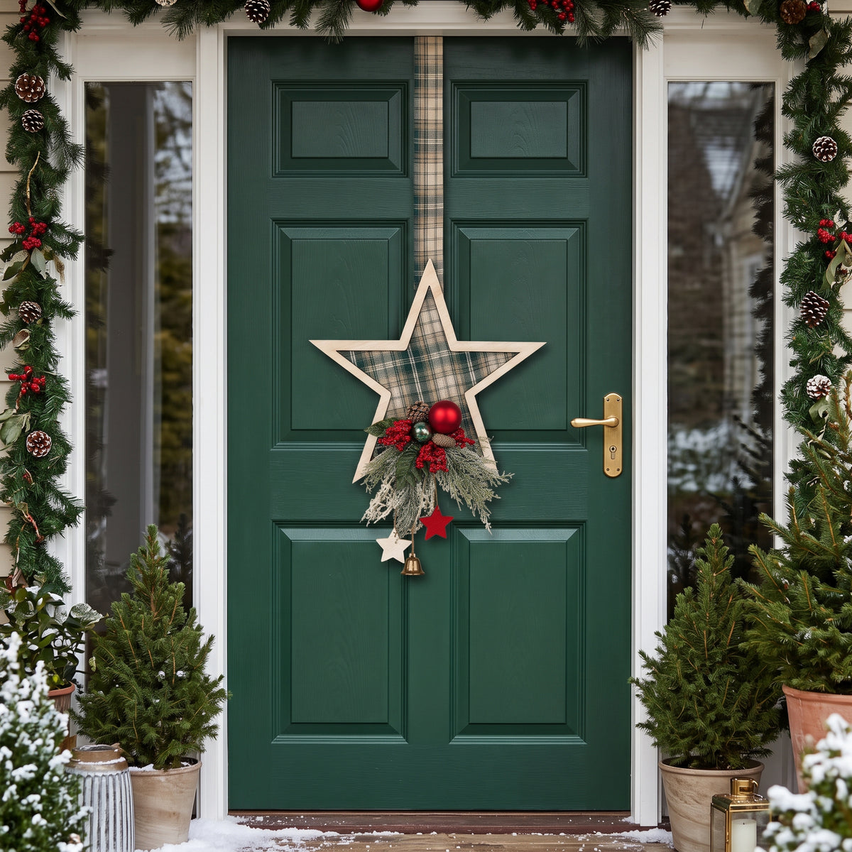 Handmade green plaid double-sided star hanger for Christmas front door decor, designed by Inas.