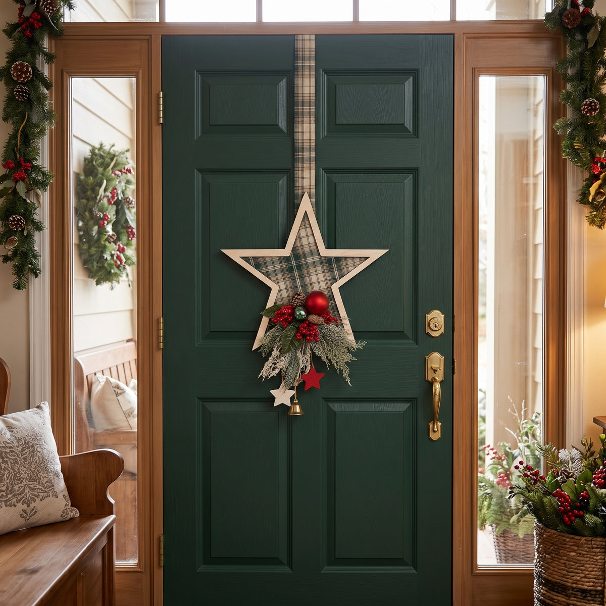 Handmade green plaid double-sided star hanger for Christmas front inside door decor, designed by Inas.