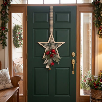 Handmade green plaid double-sided star hanger for Christmas front inside door decor, designed by Inas.