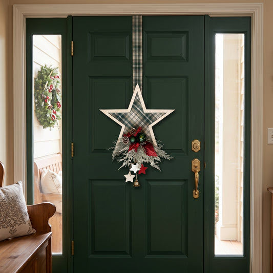 Handmade green plaid double-sided star hanger for Christmas front door decor, designed by Inas.