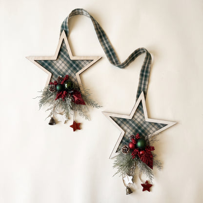 Handmade green plaid double-sided star hanger for Christmas front door decor, designed by Inas on a white background