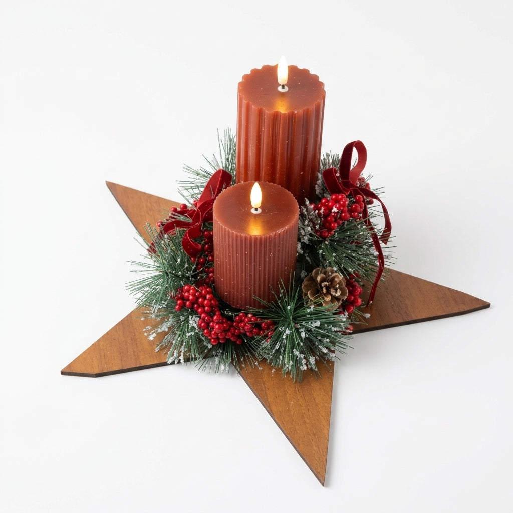 Handmade holiday pillar candle centerpiece with red pillar candles, evergreen branches, pinecones, and berries, designed by Inas.