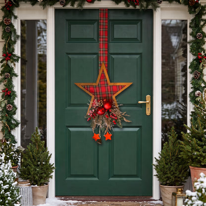 Handmade red plaid double-sided star hanger for Christmas front door decor, designed by Inas.