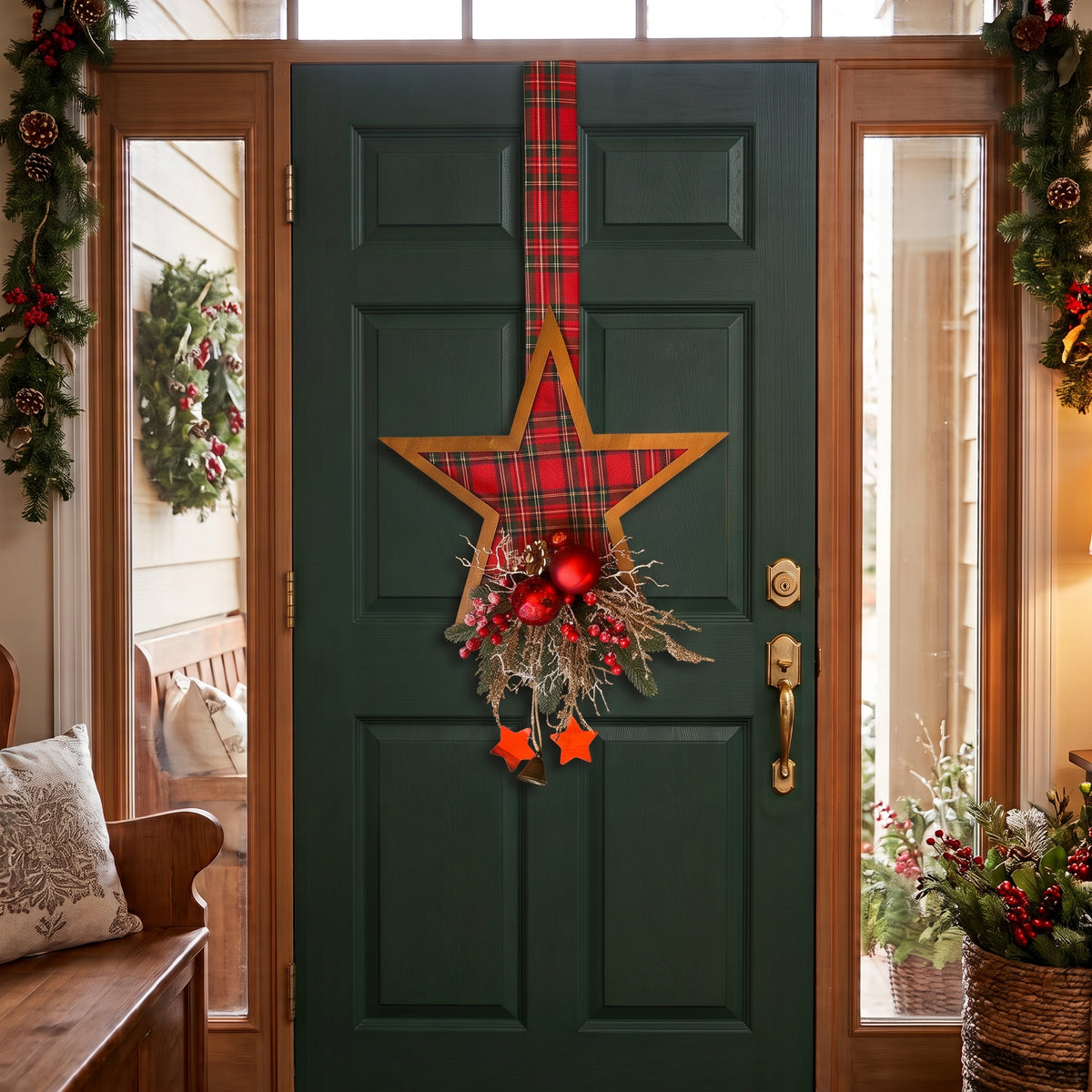 Handmade red plaid double-sided star hanger for Christmas front door decor, designed by Inas.