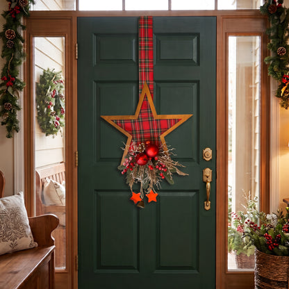 Handmade red plaid double-sided star hanger for Christmas front door decor, designed by Inas.