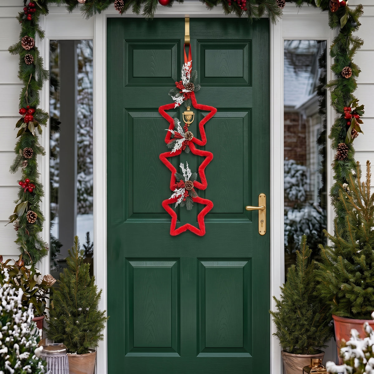 Handmade triple connected star hanger featuring a one-sided design on a dark green front door with festive holiday greenery, designed by Inas.