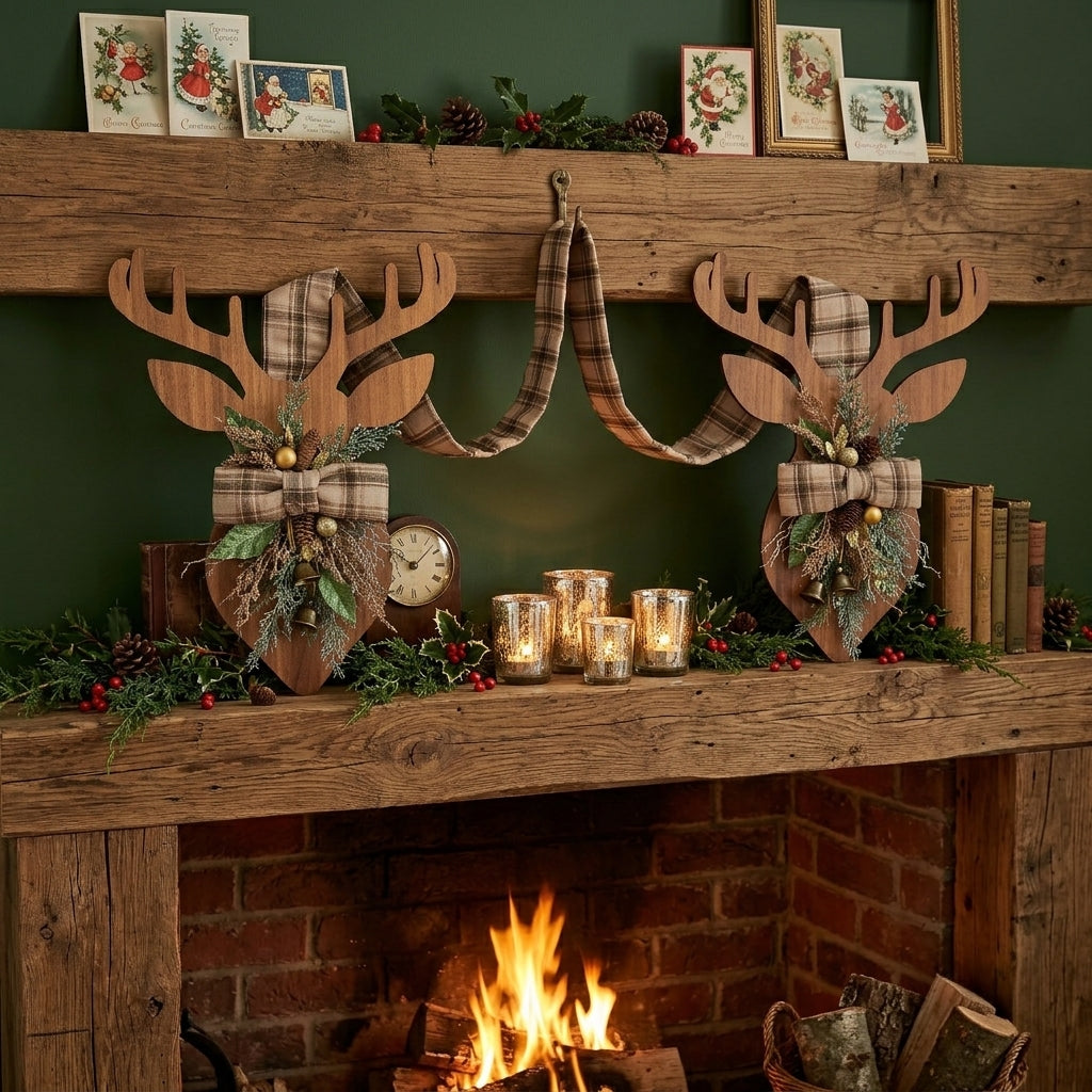 Handmade wooden deer hanger with festive plaid ribbon and pinecone accents for Christmas mantel decor, designed by Inas.