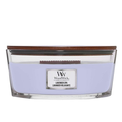 WoodWick Lavender Spa ellipse candle in a clear glass jar with a wooden lid.