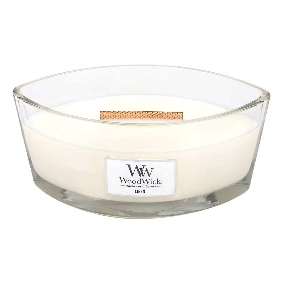 Unlid WoodWick White Honey Ellipse Jar Candle with cream-colored wax, a wooden wick, centered against a clean white background.