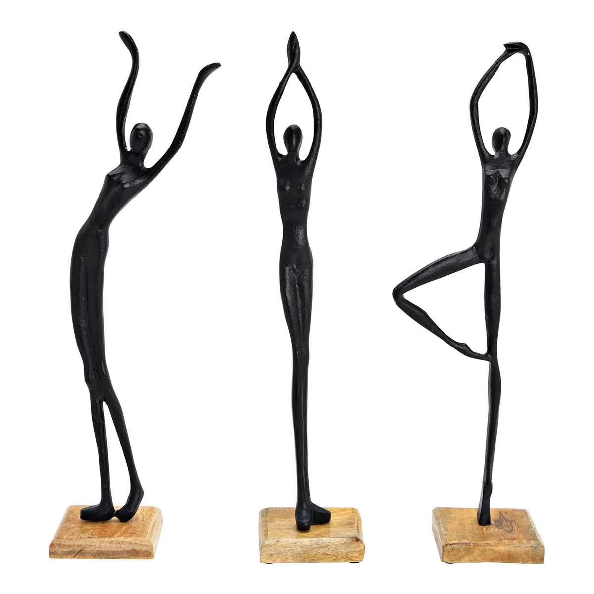Three black metal stand figures in different poses of dancing, set on wooden bases.