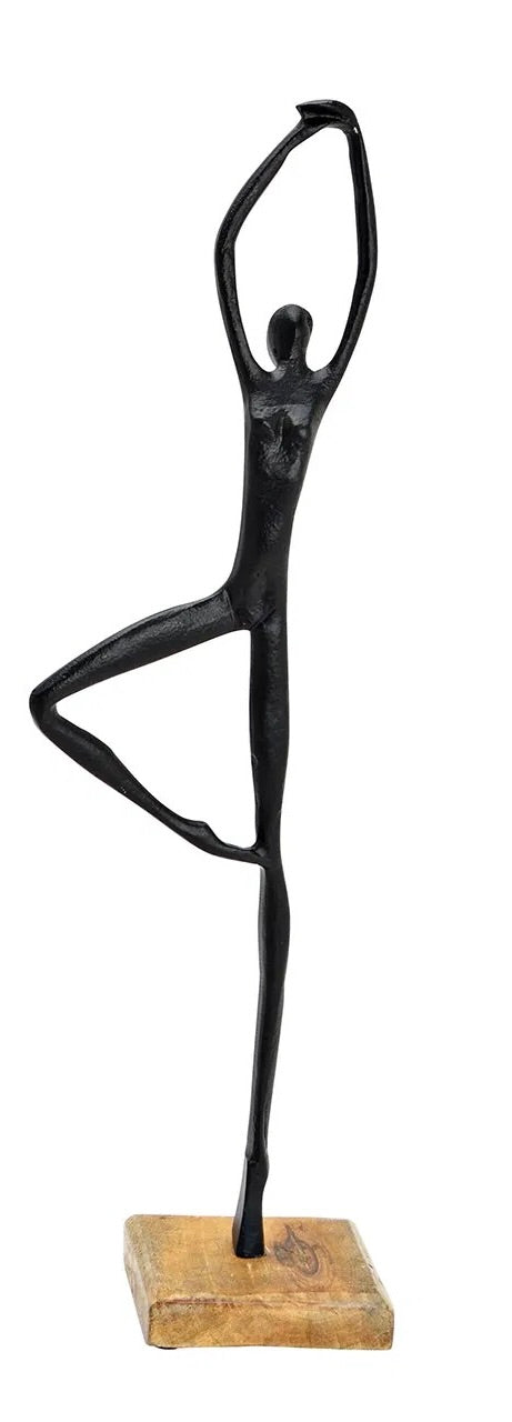 black metal human stand figures posed on wooden base