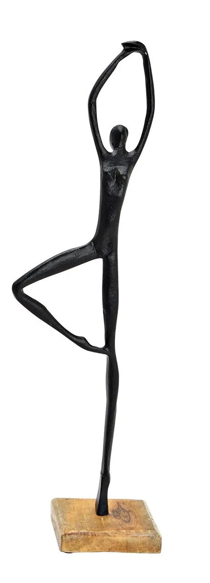 black metal human stand figures posed on wooden base