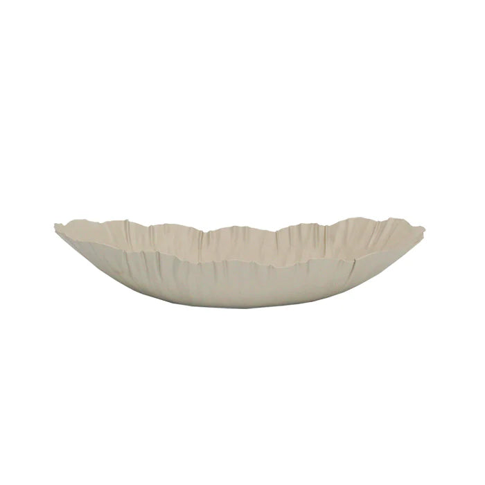 Beige decorative bowl with scalloped edge on a white background