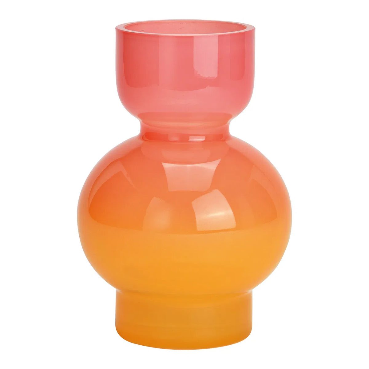 Modern glass vase featuring a two-tone color gradient transitioning from bright pink at the top to vibrant orange at the bottom.