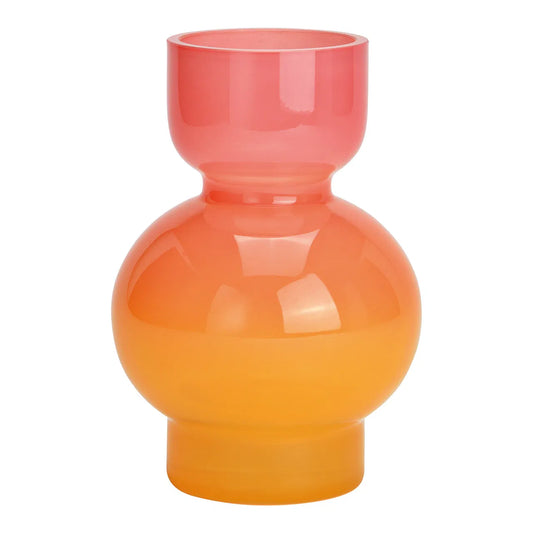 Modern glass vase featuring a two-tone color gradient transitioning from bright pink at the top to vibrant orange at the bottom.
