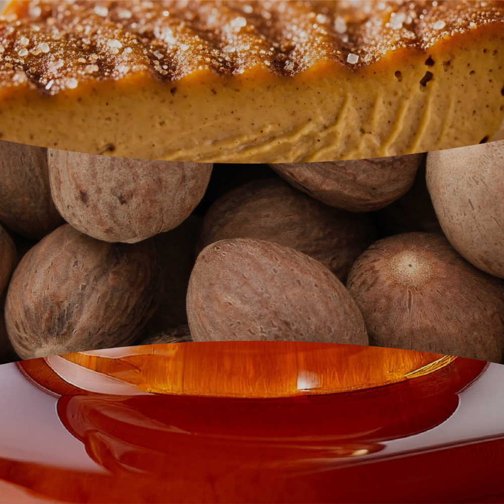 Pumpkin Praline fragrance notes collage showing pumpkin pie crust, whole nutmeg spices, and sweet maple syrup.