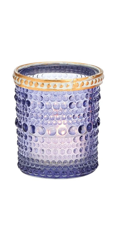 Purple glass vintage candle vessel with hobnail beaded texture, geometric patterns, and a bronze rim.