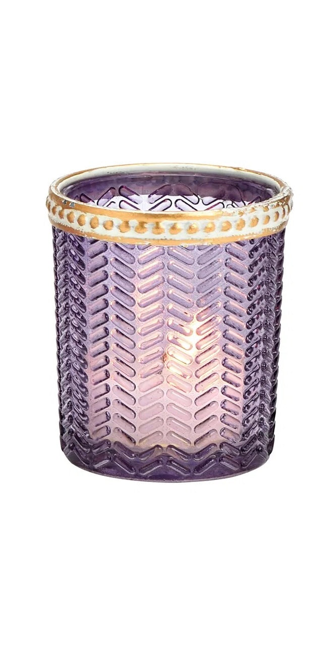 Purple glass vintage candle vessel with hobnail beaded texture, geometric patterns, and a bronze rim.